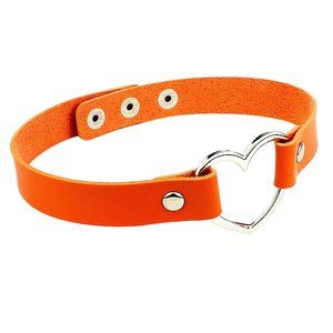 Leather Choker Collar Necklace Punk Heart Orange Rivet Goth Sexy Cosplay Rave